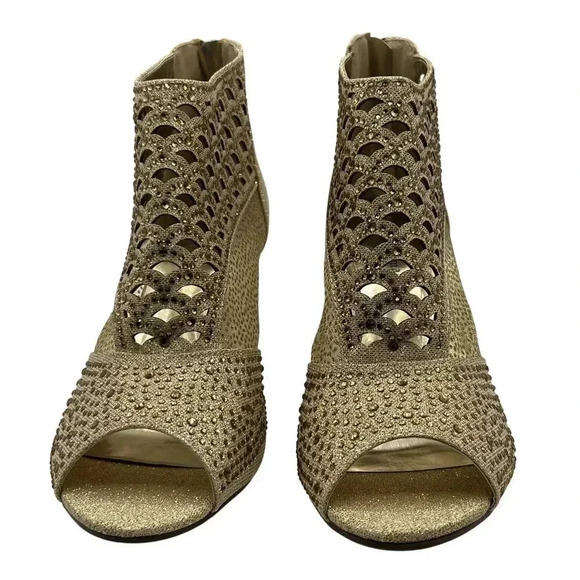 Pierre Dumas Womens 9M Gold Peep Toe Anklet Booties Rhinestones Zipper Closure - Picture 10 of 16